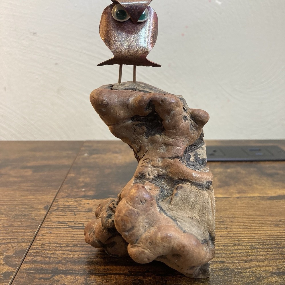 Owl Statue Copper on Wood Base Brutalist MCM Studio Craft 5.5" Tall OOAK Decor